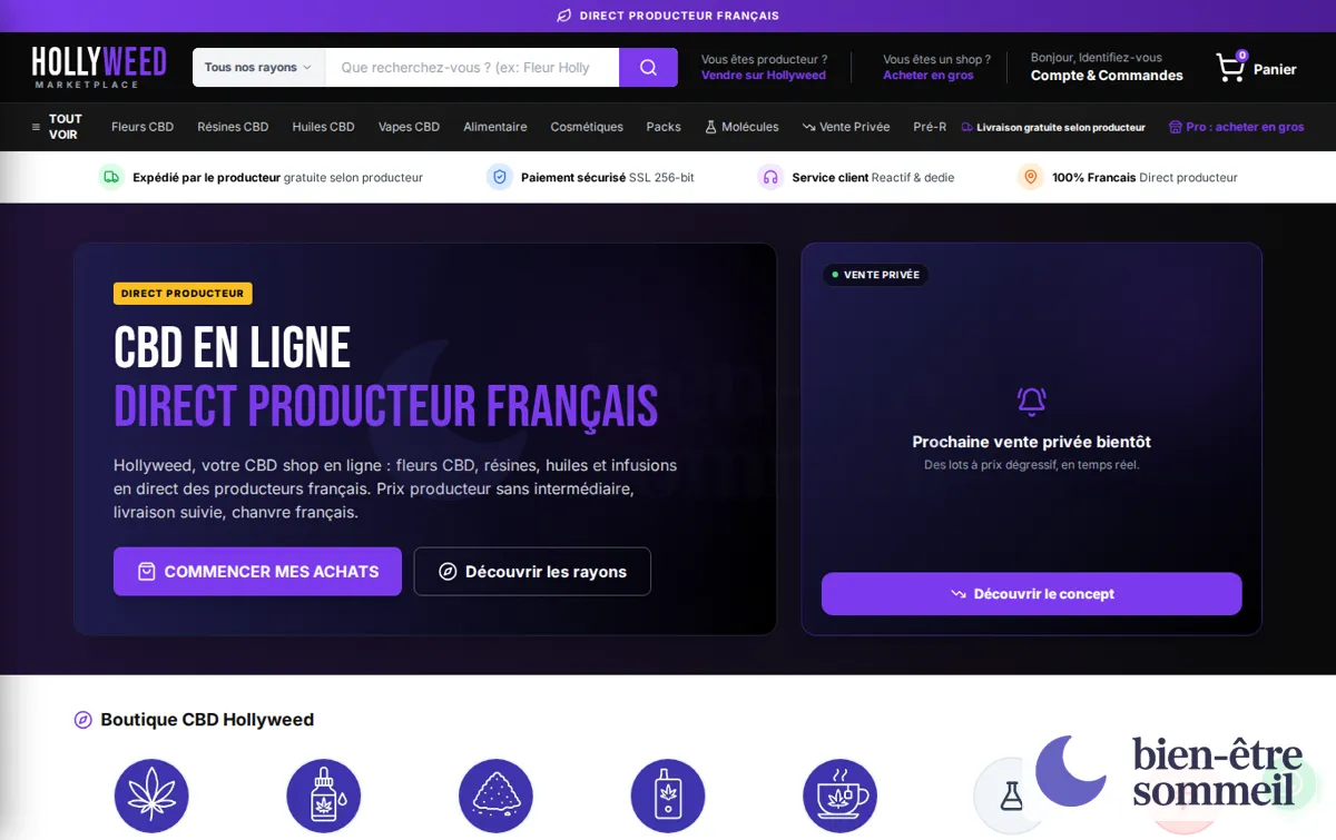 Capture : Hollyweed — Acheter du CBD en Direct Producteur Français